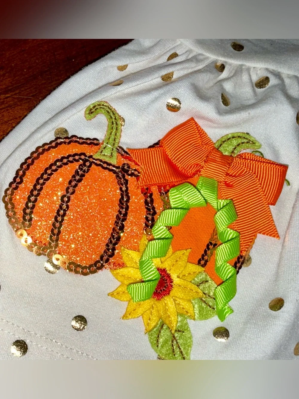 Rare Editions Cream Dress with Gold Polka Dots and Orange Pumpkin Applique